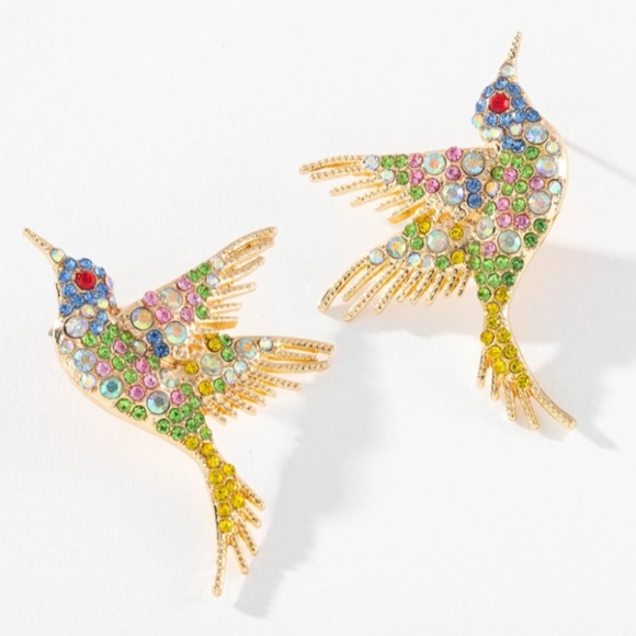 Multicolor Bird Rhinestone Earrings Gold Hummingbird CZ Pave Crystal Birds Posts - Picture 8 of 13